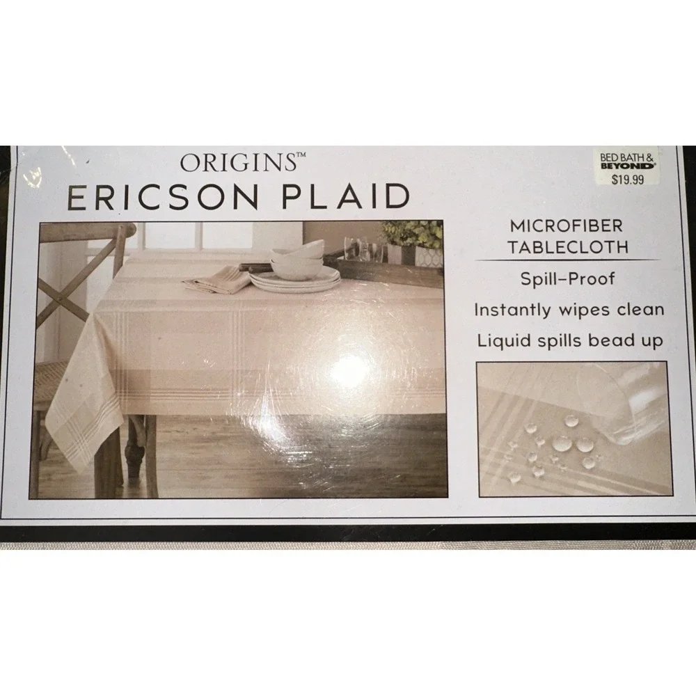 Origins Tablecloth 70in Beige Ericson Plaid Round Spill-Proof Microfiber